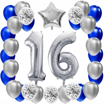 ZESTAW BALONY 16 URODZINY SREBRNY 16 ROCZNICA ŚLUBU NIEBIESKI 100 CM