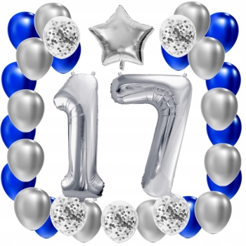 ZESTAW BALONY 17 URODZINY SREBRNY 17 ROCZNICA ŚLUBU NIEBIESKI 100 CM
