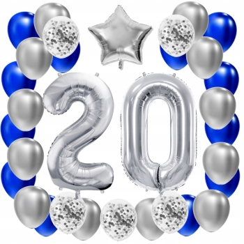 ZESTAW BALONY 20 URODZINY SREBRNY 20 ROCZNICA ŚLUBU NIEBIESKI 100 CM