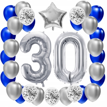 ZESTAW BALONY 30 URODZINY SREBRNY 30 ROCZNICA ŚLUBU NIEBIESKI 100 CM