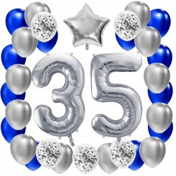 ZESTAW BALONY 35 URODZINY SREBRNY 35 ROCZNICA ŚLUBU NIEBIESKI 100 CM