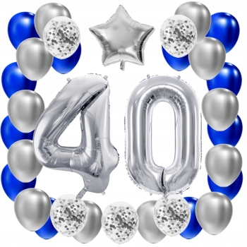 ZESTAW BALONY 40 URODZINY SREBRNY 40 ROCZNICA ŚLUBU NIEBIESKI 100 CM