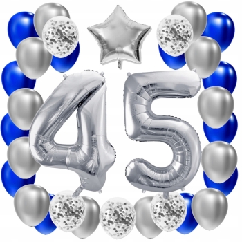 ZESTAW BALONY 45 URODZINY SREBRNY 45 ROCZNICA ŚLUBU NIEBIESKI 100 CM