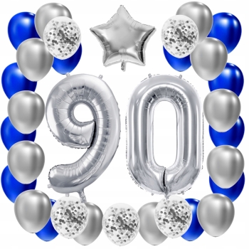 ZESTAW BALONY 90 URODZINY SREBRNY 90 ROCZNICA ŚLUBU NIEBIESKI 100 CM