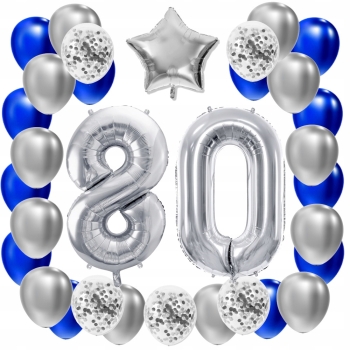 ZESTAW BALONY 80 URODZINY SREBRNY 80 ROCZNICA ŚLUBU NIEBIESKI 100 CM