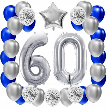 ZESTAW BALONY 60 URODZINY SREBRNY 60 ROCZNICA ŚLUBU NIEBIESKI 100 CM