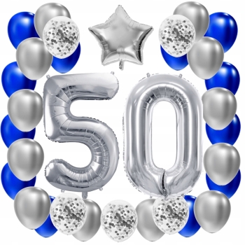 ZESTAW BALONY 50 URODZINY SREBRNY 50 ROCZNICA ŚLUBU NIEBIESKI 100 CM