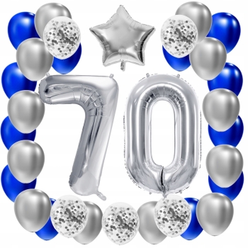 ZESTAW BALONY 70 URODZINY SREBRNY 70 ROCZNICA ŚLUBU NIEBIESKI 100 CM
