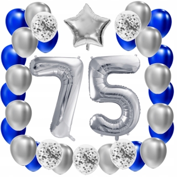 ZESTAW BALONY 75 URODZINY SREBRNY 75 ROCZNICA ŚLUBU NIEBIESKI 100 CM