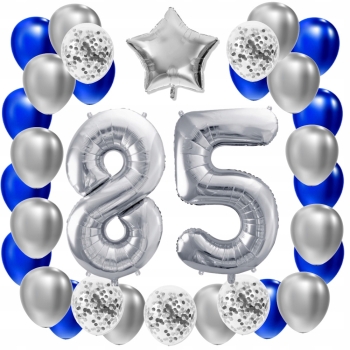 ZESTAW BALONY 85 URODZINY SREBRNY 85 ROCZNICA ŚLUBU NIEBIESKI 100 CM
