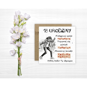 Kartka na 18 urodziny urodzinowa muzyka dla dziewczyny cytat Z ŻYCZENIAMI