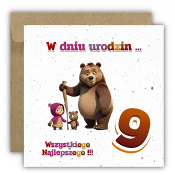 Kartka okolicznościowa na 9 urodziny dzieci Masza i Niedźwiedź + ŻYCZENIA