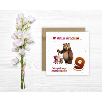 Kartka okolicznościowa na 9 urodziny dzieci Masza i Niedźwiedź + ŻYCZENIA