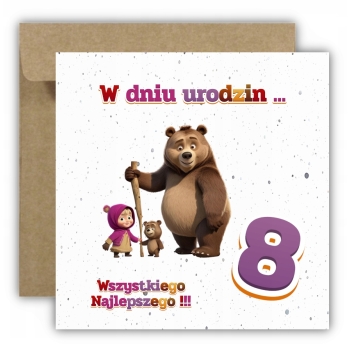 Kartka okolicznościowa na 8 urodziny dzieci Masza i Niedźwiedź + ŻYCZENIA