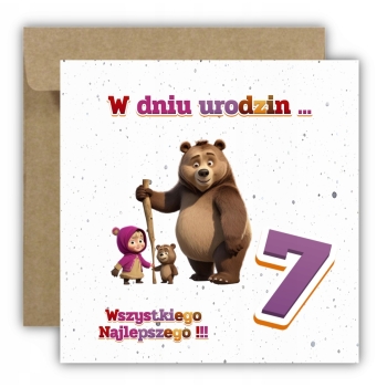 Kartka okolicznościowa na 7 urodziny dzieci Masza i Niedźwiedź + ŻYCZENIA