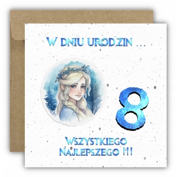 Kartka okolicznościowa na 8 urodziny dla dzieci ELSA KRAINA Z ŻYCZENIAMI