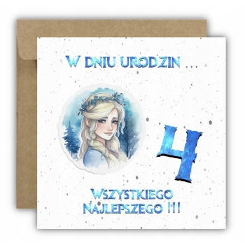 Kartka okolicznościowa na 4 urodziny dla dzieci ELSA KRAINA Z ŻYCZENIAMI