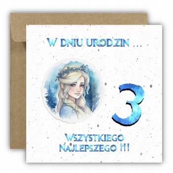 Kartka okolicznościowa na 3 urodziny dla dzieci ELSA KRAINA Z ŻYCZENIAMI