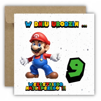 Kartka okolicznościowa na 9 urodziny dla dzieci SUPER MARIO Z ŻYCZENIAMI