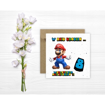 Kartka okolicznościowa na 8 urodziny dla dzieci SUPER MARIO Z ŻYCZENIAMI