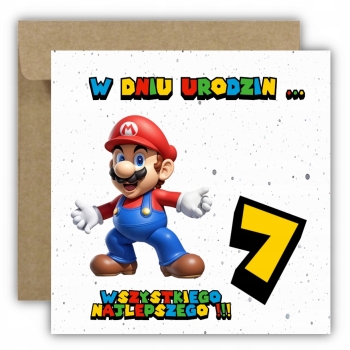Kartka okolicznościowa na 7 urodziny dla dzieci SUPER MARIO Z ŻYCZENIAMI