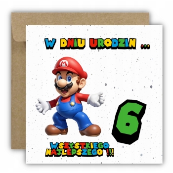Kartka okolicznościowa na 6 urodziny dla dzieci SUPER MARIO Z ŻYCZENIAMI