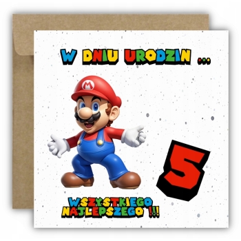 Kartka okolicznościowa na 5 urodziny dla dzieci SUPER MARIO Z ŻYCZENIAMI