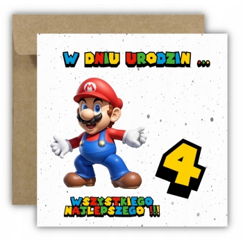 Kartka okolicznościowa na 4 urodziny dla dzieci SUPER MARIO Z ŻYCZENIAMI