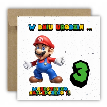 Kartka okolicznościowa na 3 urodziny dla dzieci SUPER MARIO Z ŻYCZENIAMI