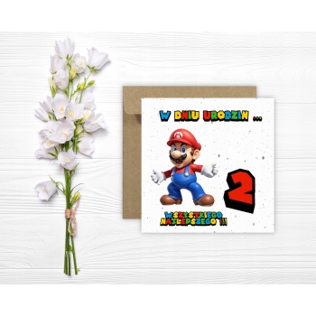 Kartka okolicznościowa na 2 urodziny dla dzieci SUPER MARIO Z ŻYCZENIAMI