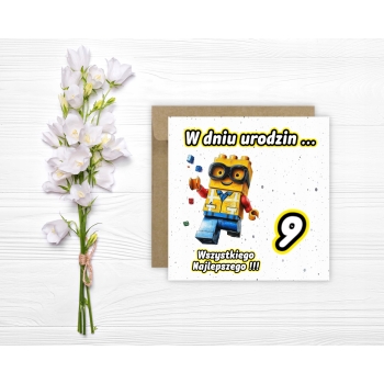 Kartka okolicznościowa na 9 urodziny dla dzieci LEGO Z ŻYCZENIAMI