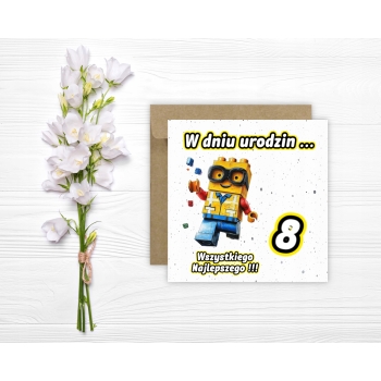 Kartka okolicznościowa na 8 urodziny dla dzieci LEGO Z ŻYCZENIAMI