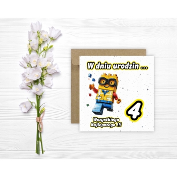 Kartka okolicznościowa na 4 urodziny dla dzieci LEGO Z ŻYCZENIAMI