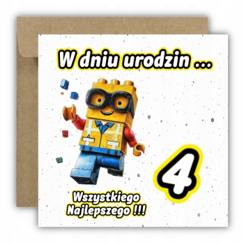 Kartka okolicznościowa na 4 urodziny dla dzieci LEGO Z ŻYCZENIAMI