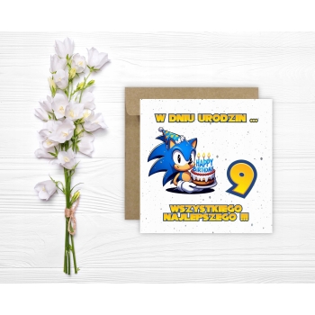 Kartka na 9 urodziny dla dzieci Sonic X jeż czapeczka torcik Z ŻYCZENIAMI