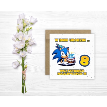 Kartka na 8 urodziny dla dzieci Sonic X jeż czapeczka torcik Z ŻYCZENIAMI