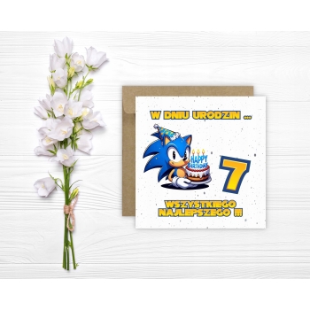 Kartka na 7 urodziny dla dzieci Sonic X jeż czapeczka torcik Z ŻYCZENIAMI