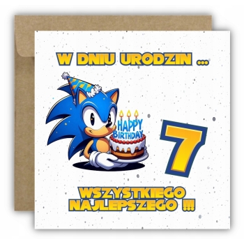Kartka na 7 urodziny dla dzieci Sonic X jeż czapeczka torcik Z ŻYCZENIAMI