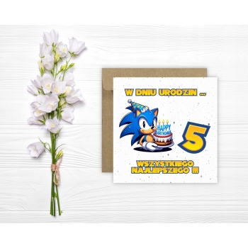 Kartka na 5 urodziny dla dzieci Sonic X jeż czapeczka torcik Z ŻYCZENIAMI