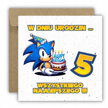 Kartka na 5 urodziny dla dzieci Sonic X jeż czapeczka torcik Z ŻYCZENIAMI