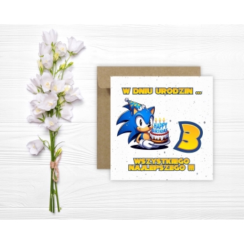 Kartka na 3 urodziny dla dzieci Sonic X jeż czapeczka torcik Z ŻYCZENIAMI