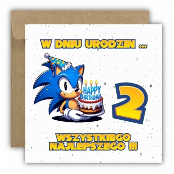 Kartka na 2 urodziny dla dzieci Sonic X jeż czapeczka torcik Z ŻYCZENIAMI