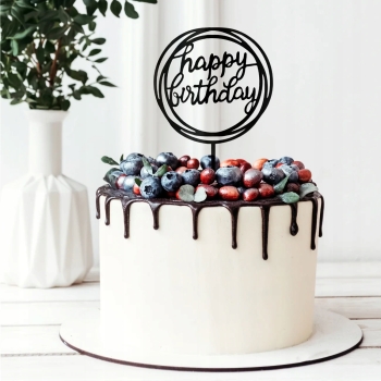 Topper Lustrzany na Tort Happy Birthday okrągły Czarny