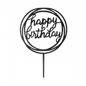Topper Lustrzany na Tort Happy Birthday okrągły Czarny