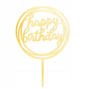 TOPPER NA TORT URODZINY HAPPY BIRTHDAY ZŁOTY OKRĄGŁY LUSTRZANY