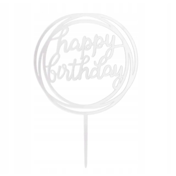 TOPPER NA TORT URODZINY HAPPY BIRTHDAY SREBRNY OKRĄGŁY LUSTRZANY