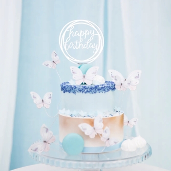 TOPPER NA TORT URODZINY HAPPY BIRTHDAY SREBRNY OKRĄGŁY LUSTRZANY