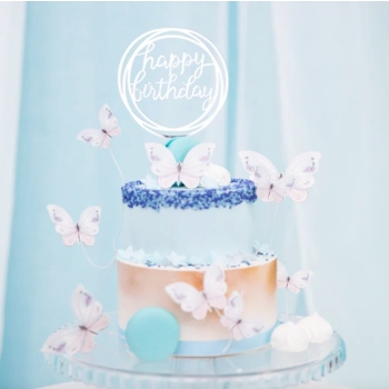 TOPPER NA TORT URODZINY HAPPY BIRTHDAY SREBRNY OKRĄGŁY LUSTRZANY
