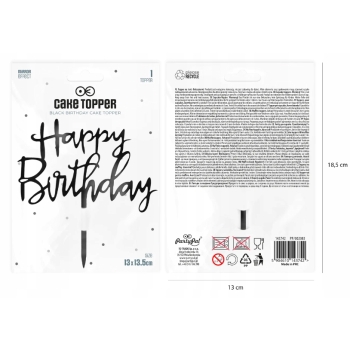 Topper na tort PartyPal Happy Birthday czarny 13,5 cm