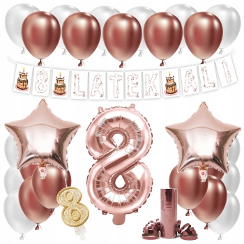 ZESTAW BALONY NA 8 LATEK URODZINY ROSE GOLD + IMIĘ